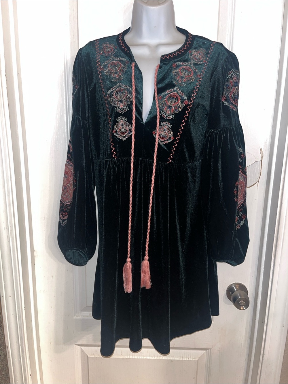 Zara green Velvet Embroidered Babydoll Dress with Pink Accents - Picture 7 of 10